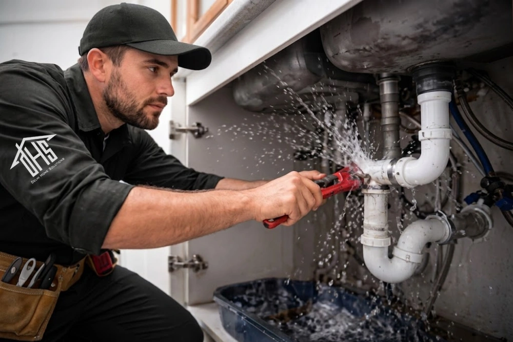 Professional plumber working on plumbing system