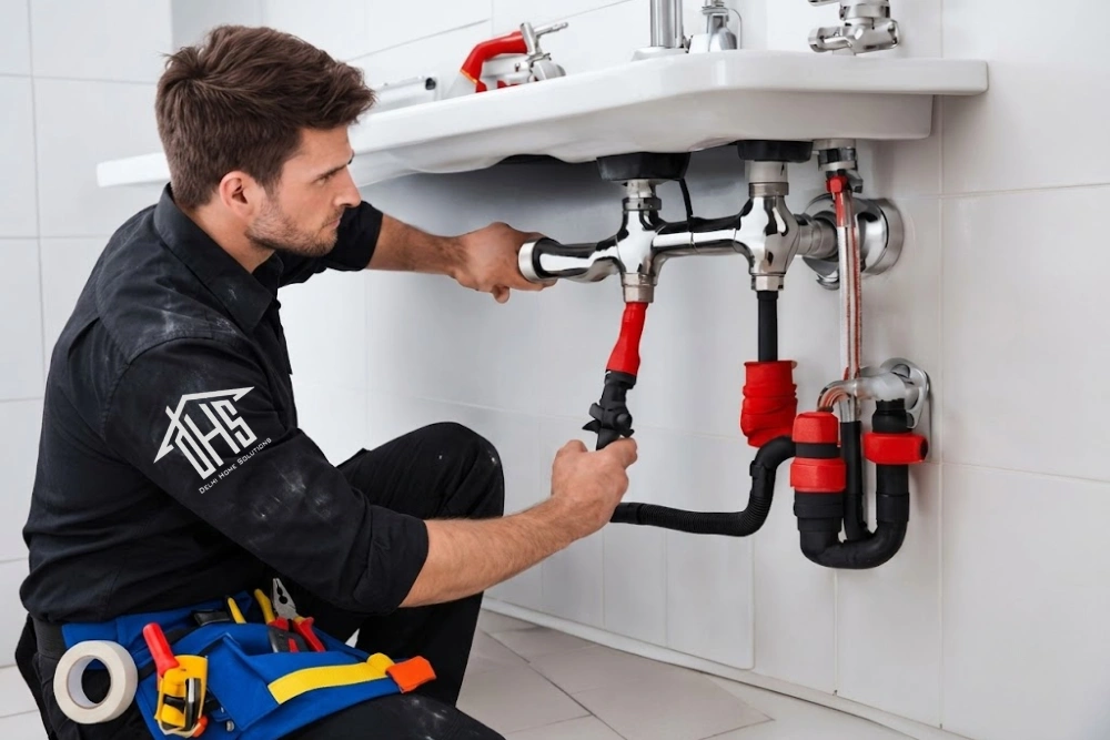 Professional plumber repairing plumbing system