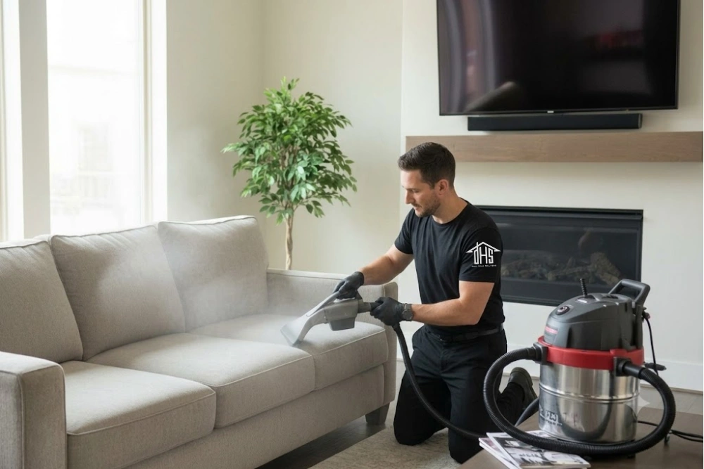 Clean upholstered sofa in a comfortable living space
